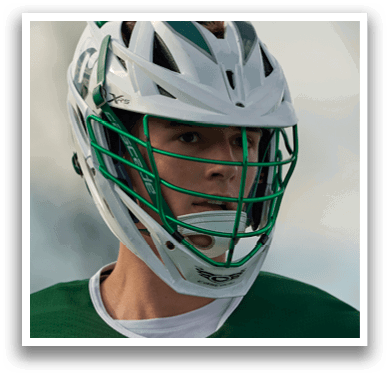 A man wearing a green and white helmet. Description generated by AI