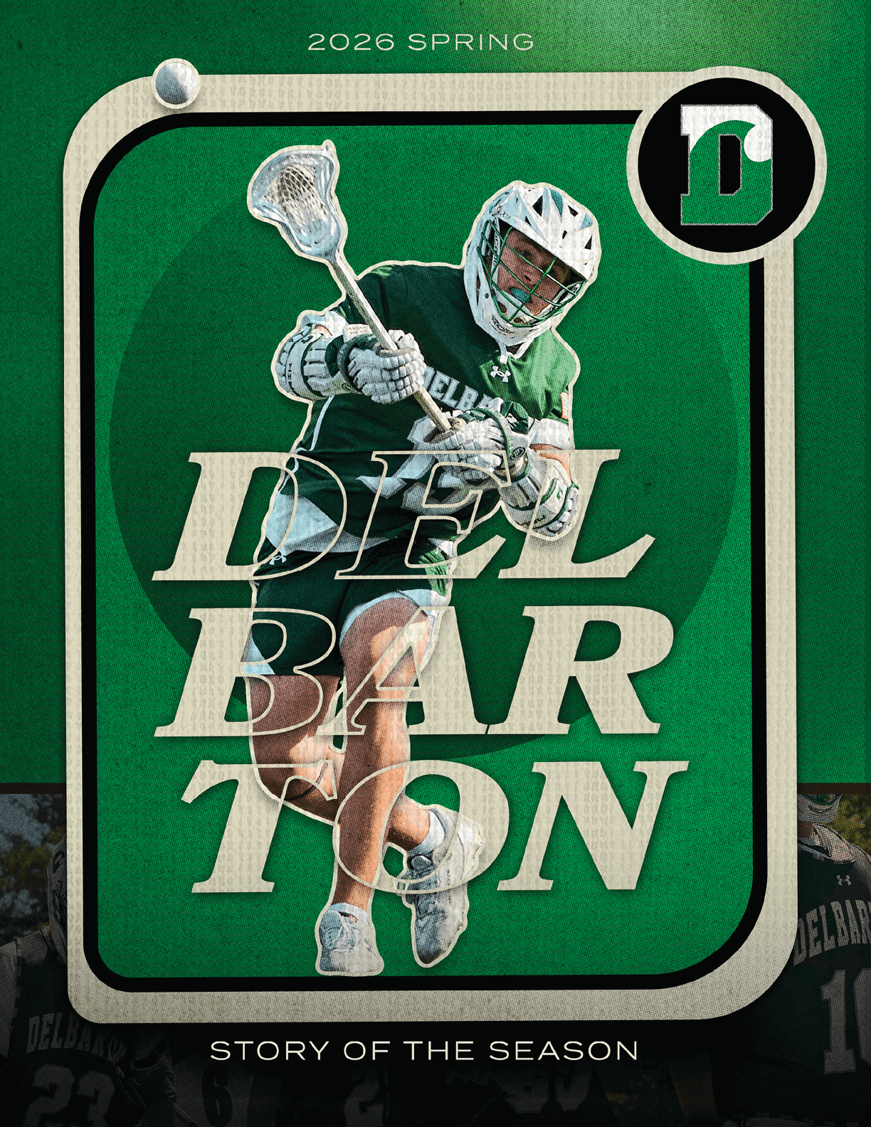 A man in a green and white uniform holding a lacrosse stick. Description generated by AI