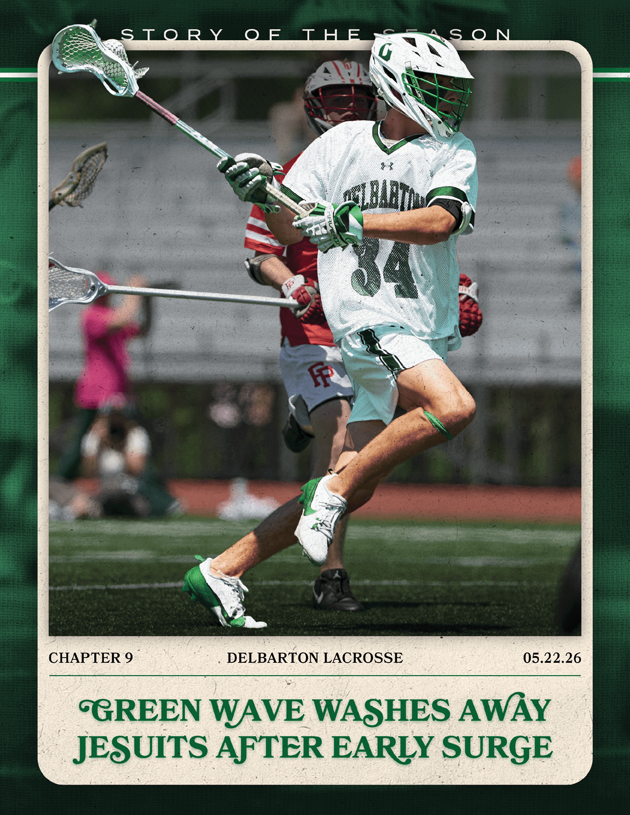 A green and white card with a man holding a lacrosse stick. Description generated by AI