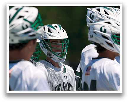Three people wearing white helmets and green and white uniforms. Description generated by AI