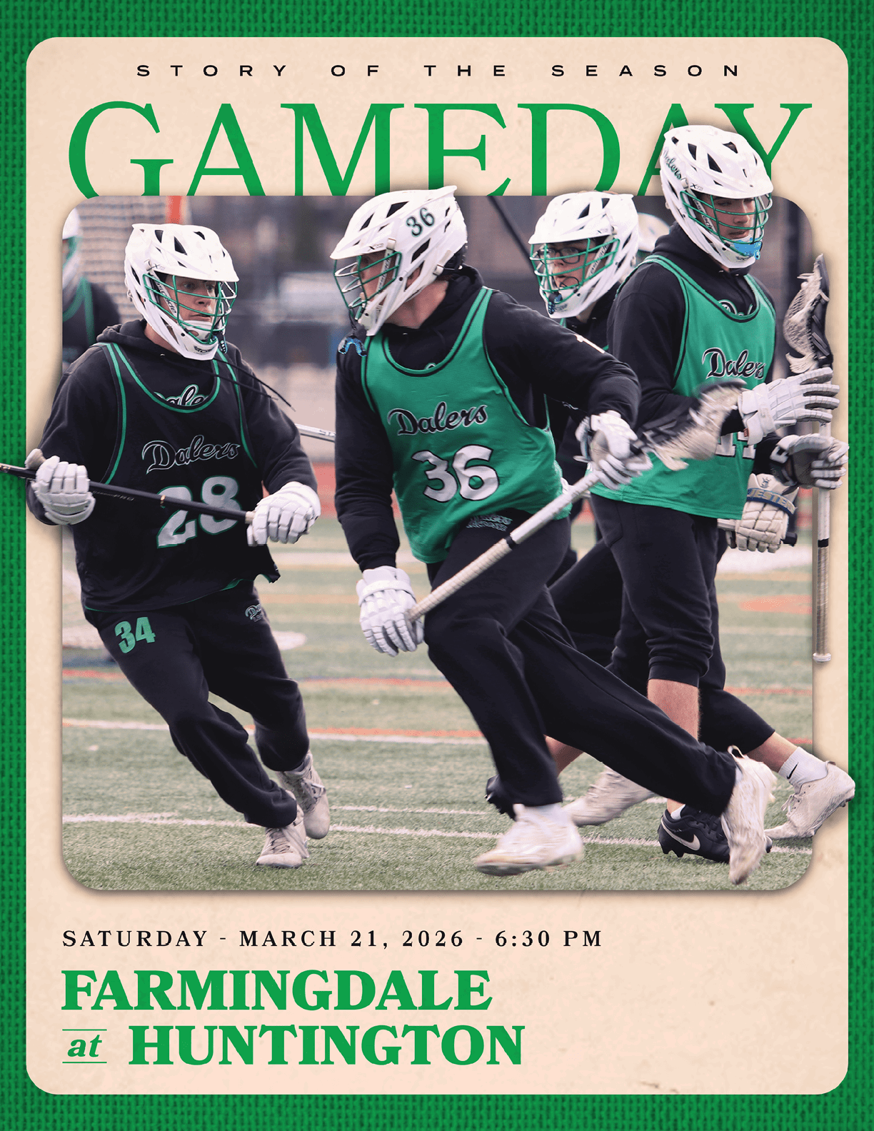 A group of men playing hockey in green and white uniforms. AI generated content