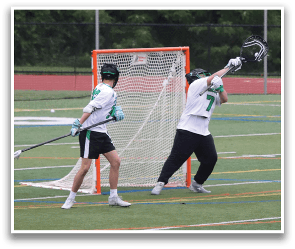 Two men playing lacrosse, one holding a stick and the other holding a net. AI generated content