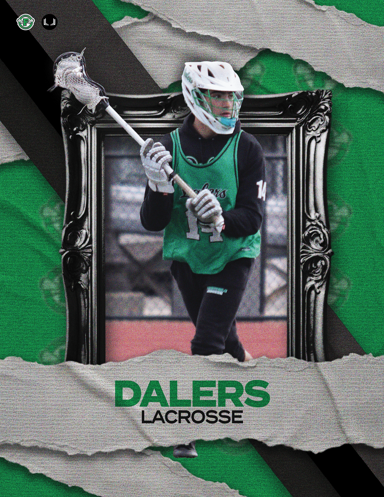 A lacrosse player wearing a green uniform and holding a lacrosse stick. AI generated content
