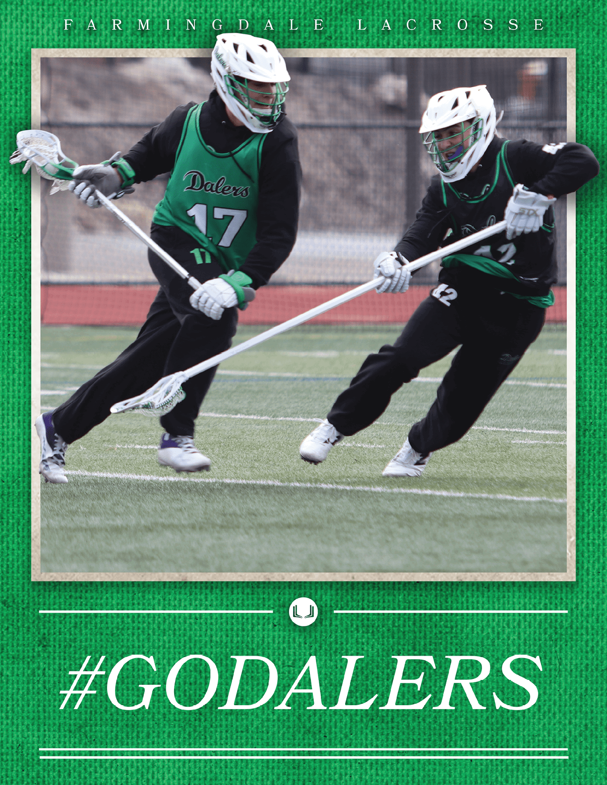 Two lacrosse players running on a field. AI generated content