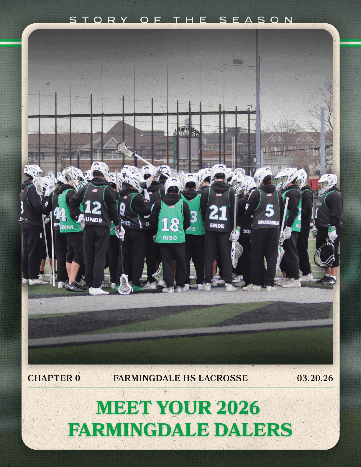 A group of people wearing green and white uniforms are standing on a field. AI generated content