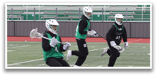 Three men are running on a field, wearing green and black uniforms. They are carrying lacrosse sticks and appear to be playing a game. AI generated content