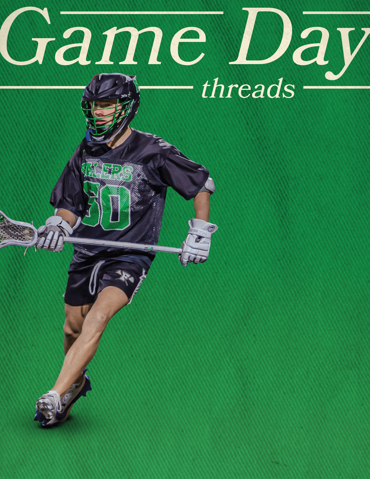 A man wearing a black jersey with the number 50 on it is holding a lacrosse stick. AI generated content