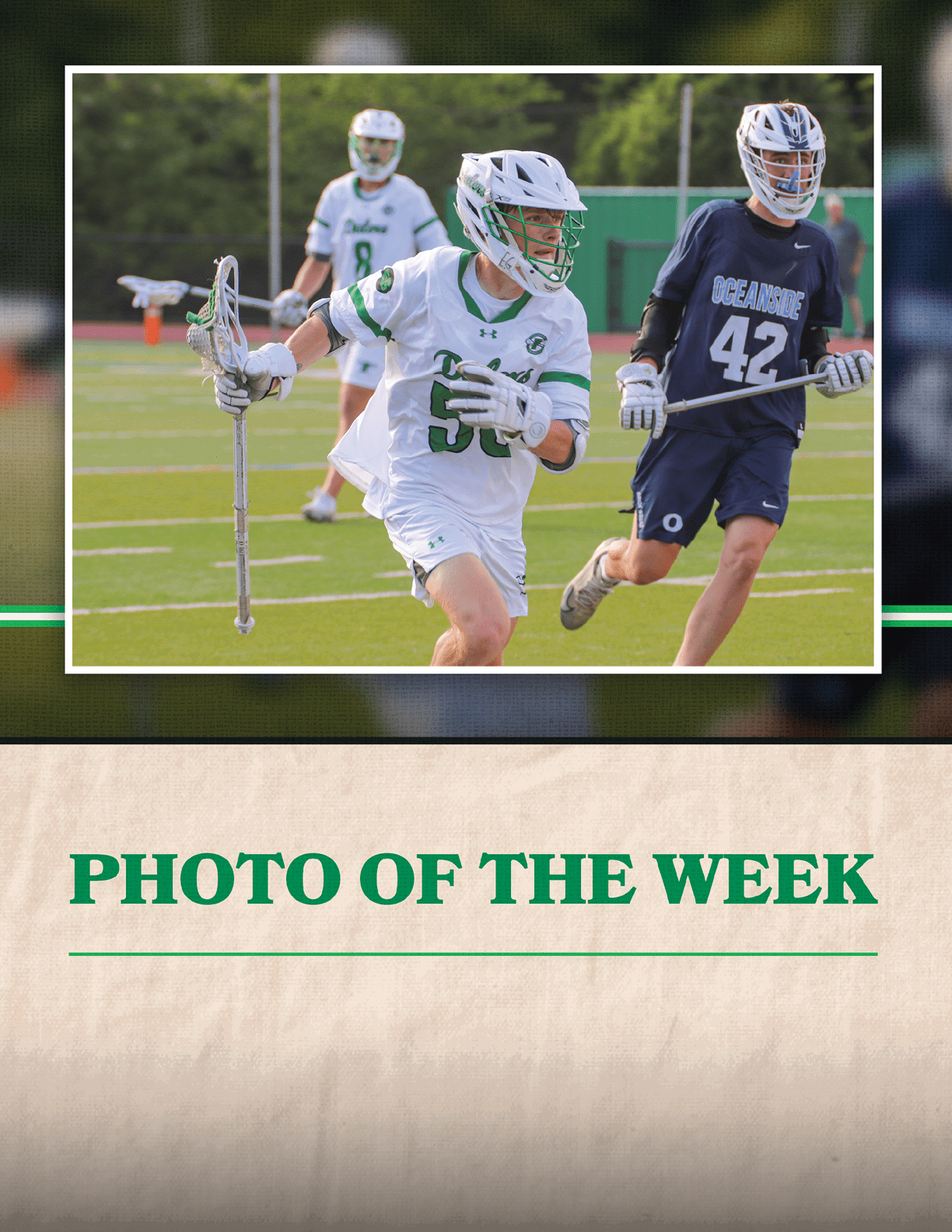 A man in a white jersey is running with a lacrosse stick. Description generated by AI