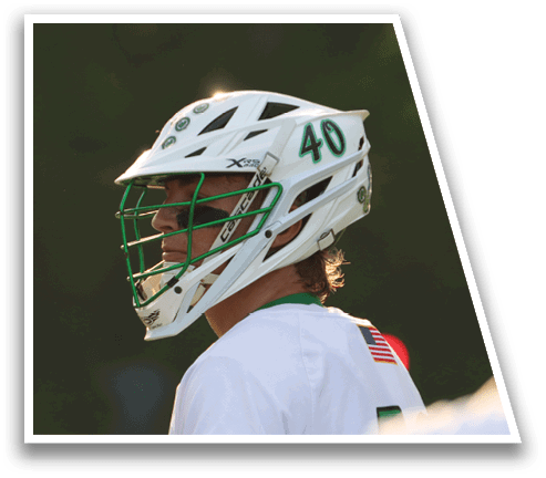 A baseball player wearing a white helmet with the number 40 on it. Description generated by AI