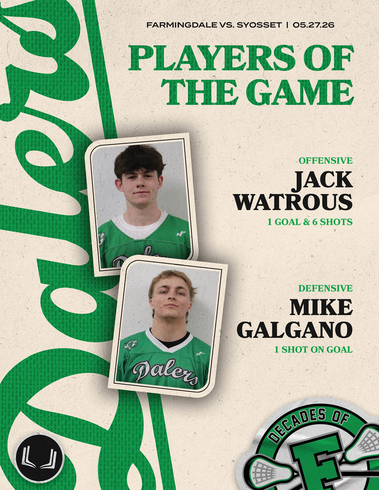 A green and white advertisement for the Farmington vs. Syosset lacrosse game. Description generated by AI