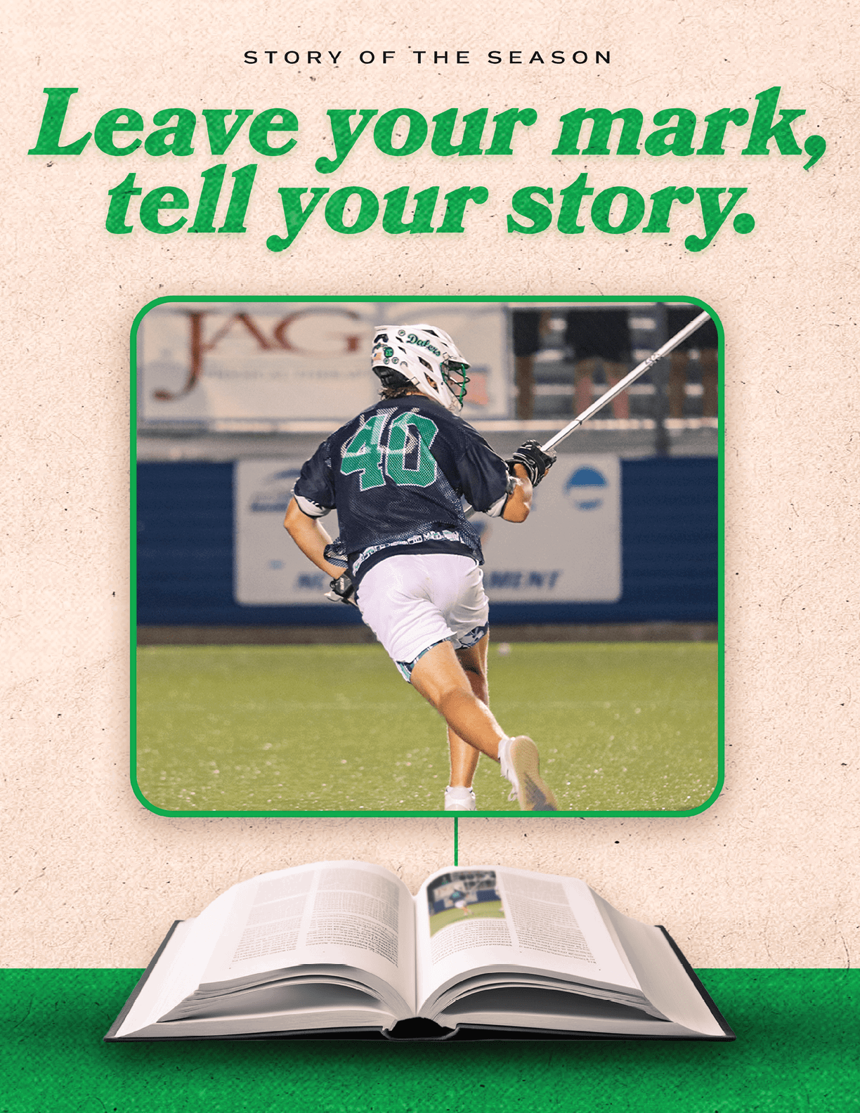 A book with a picture of a man playing lacrosse on the cover. Description generated by AI