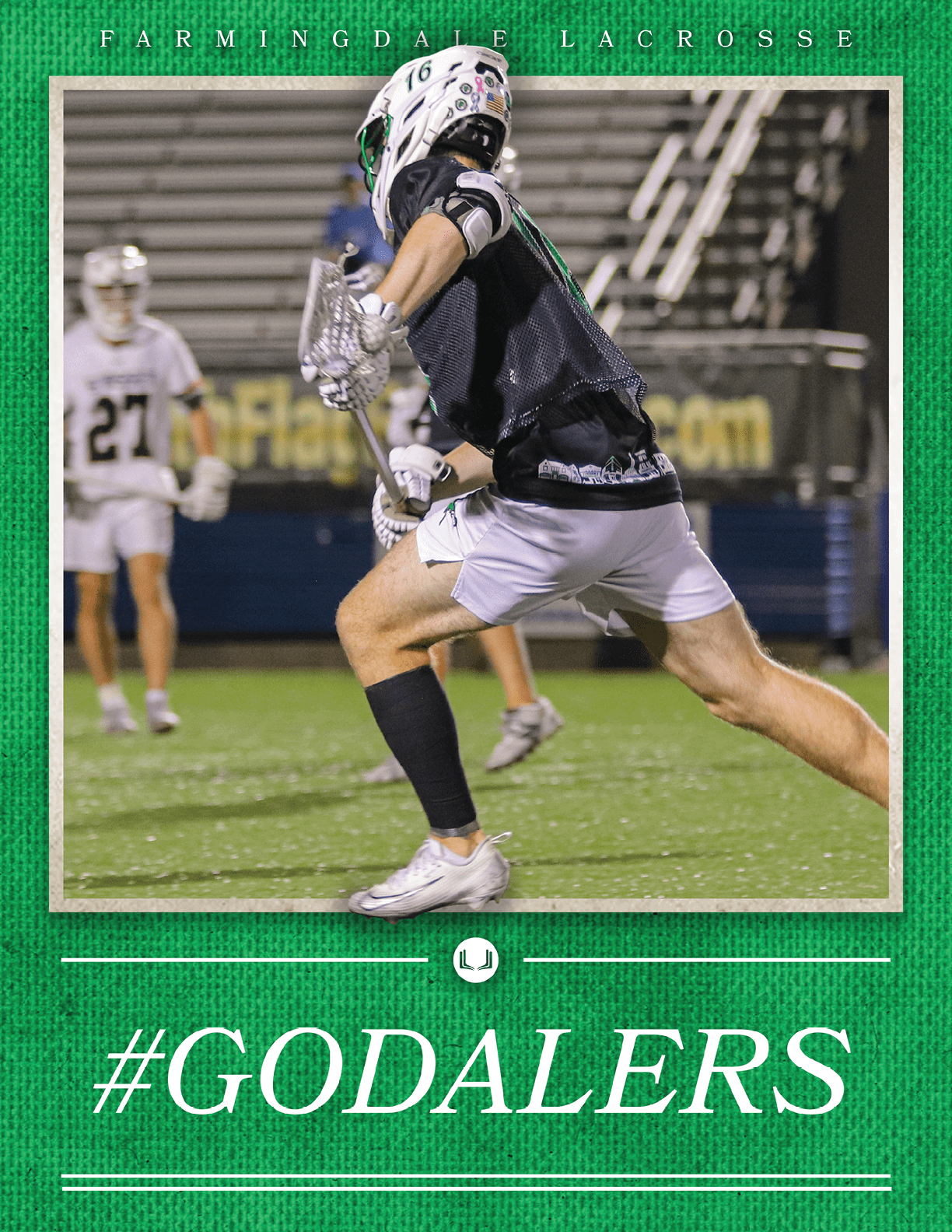 A man wearing a black and white uniform is running with a lacrosse stick. Description generated by AI