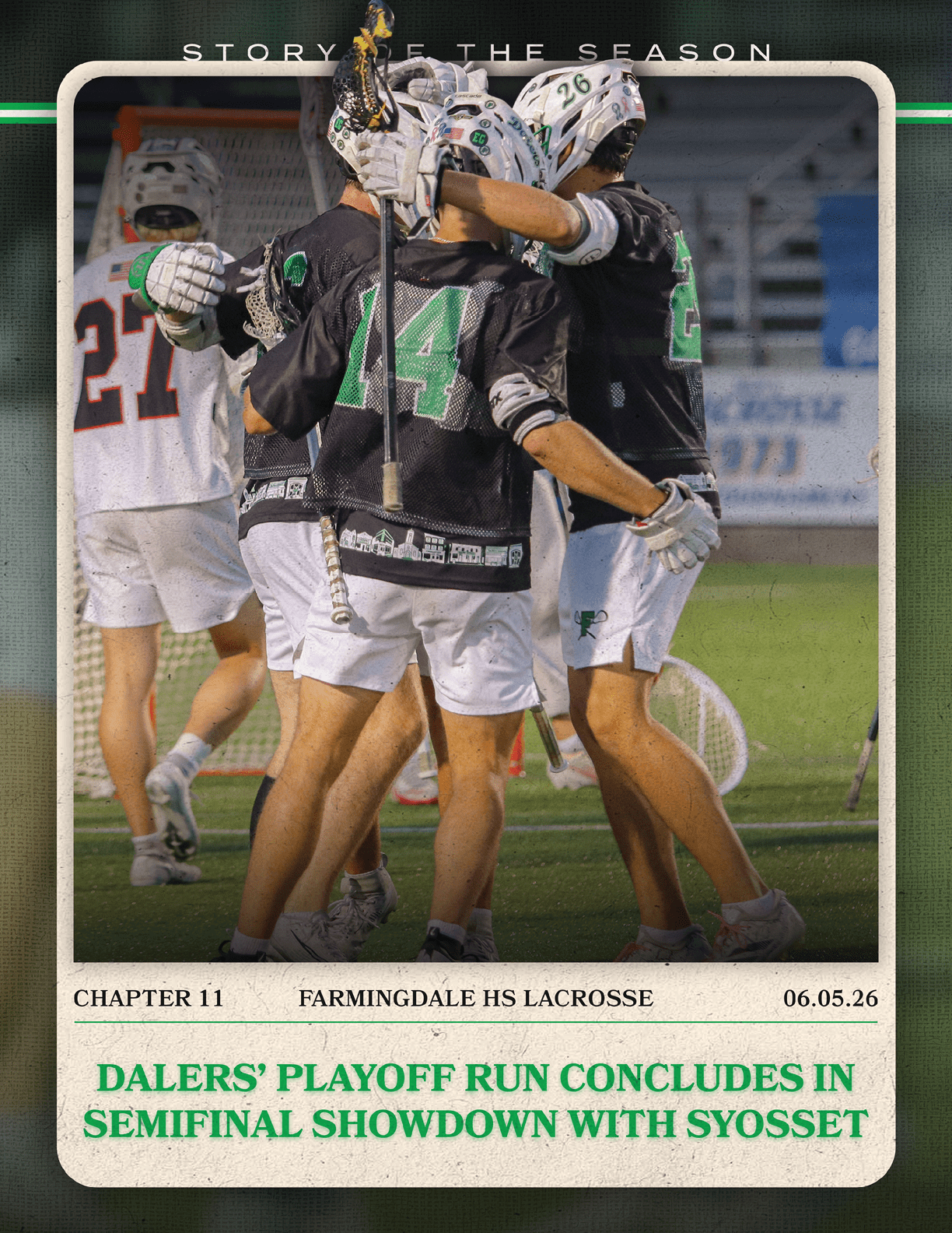 A group of lacrosse players hugging each other. Description generated by AI
