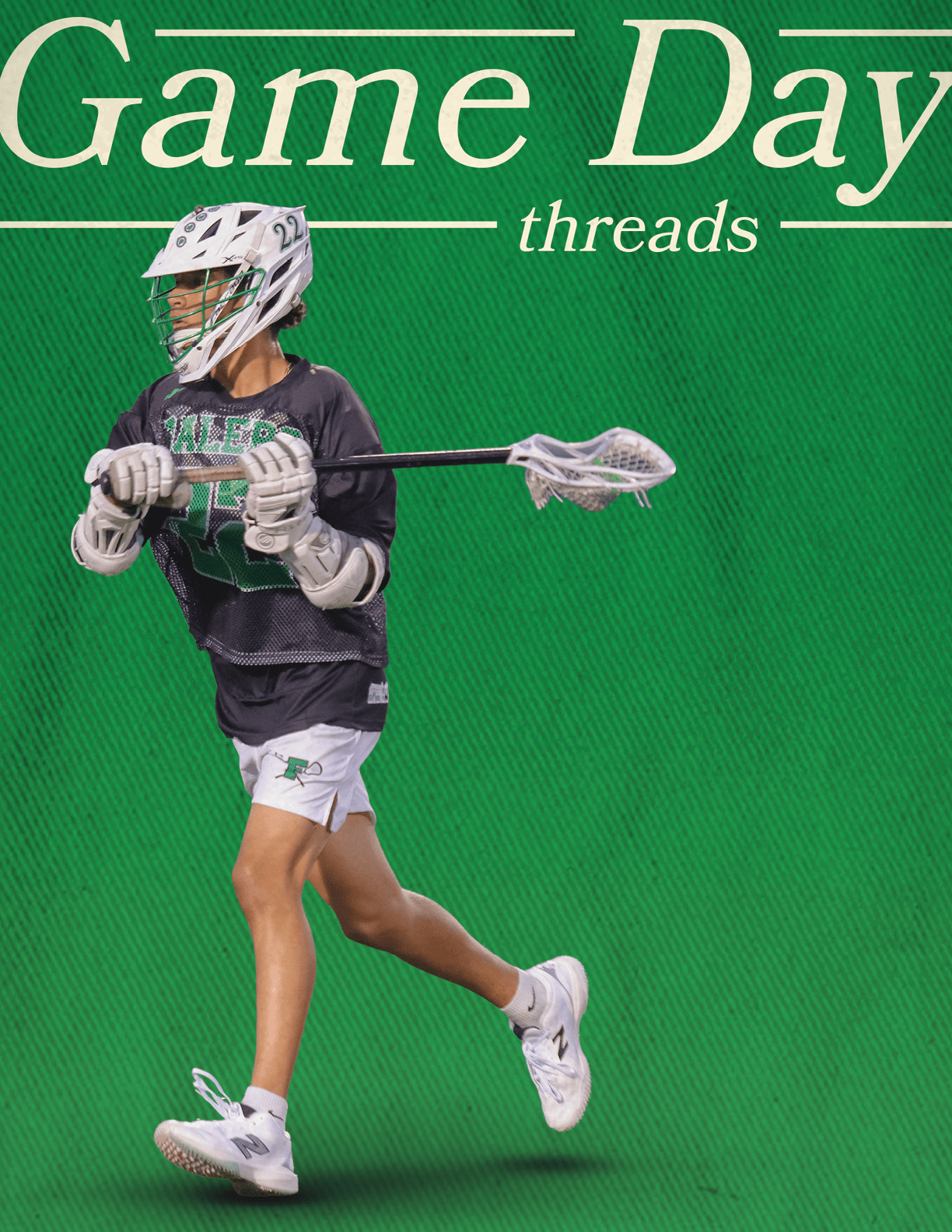 A man wearing a helmet and holding a lacrosse stick. Description generated by AI