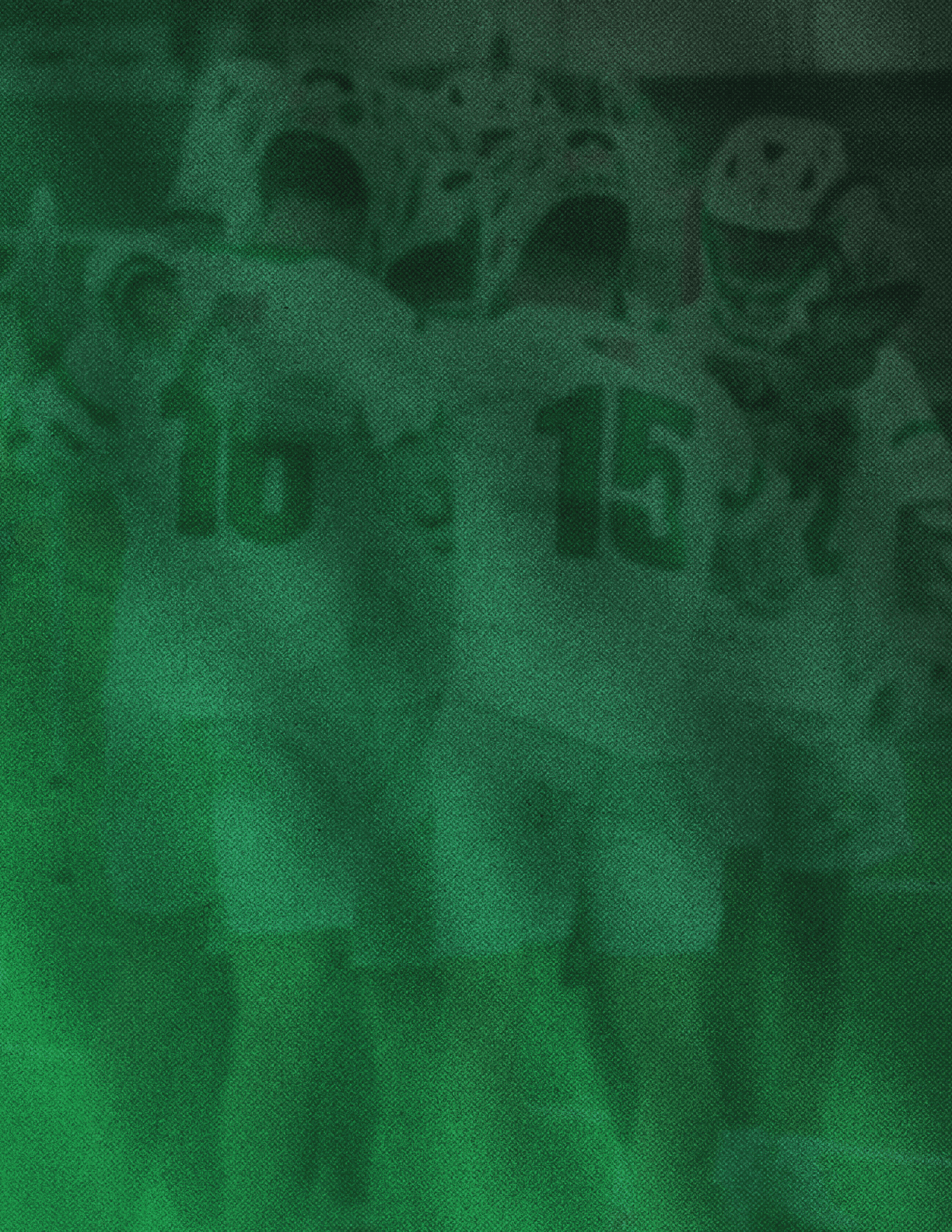 A group of people wearing white and green shirts. Description generated by AI