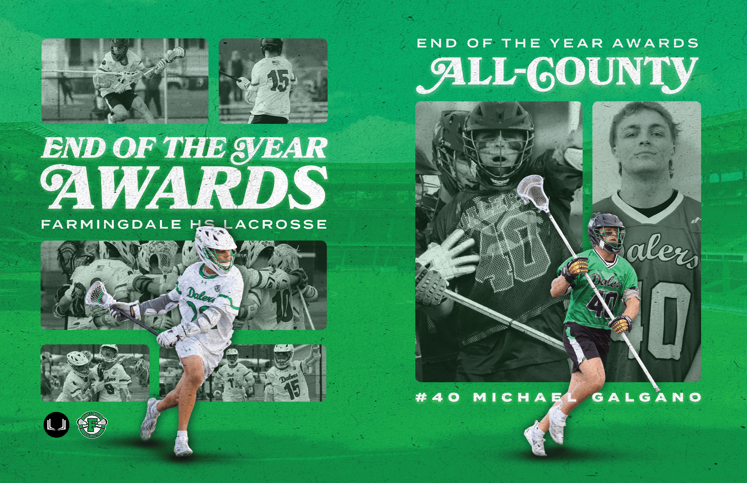 A green and white poster with a man holding a stick. Description generated by AI