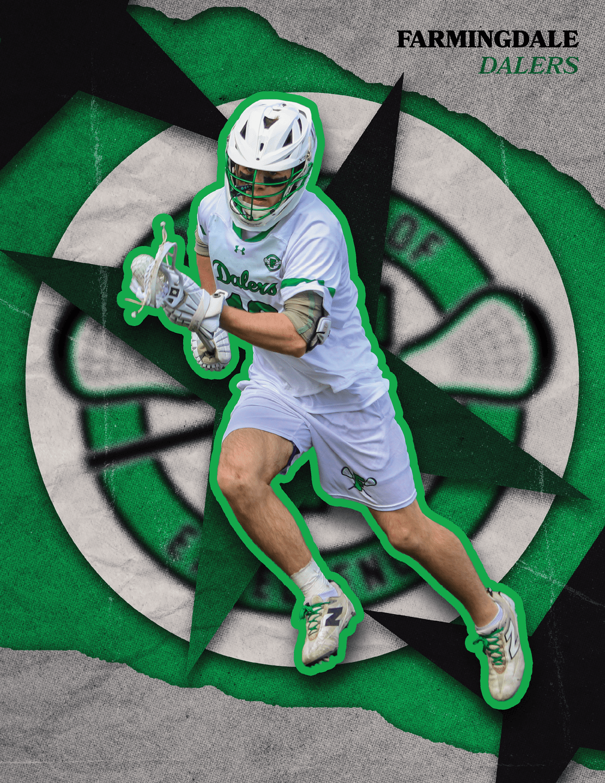 A man wearing a white shirt and green shorts is playing lacrosse. Description generated by AI