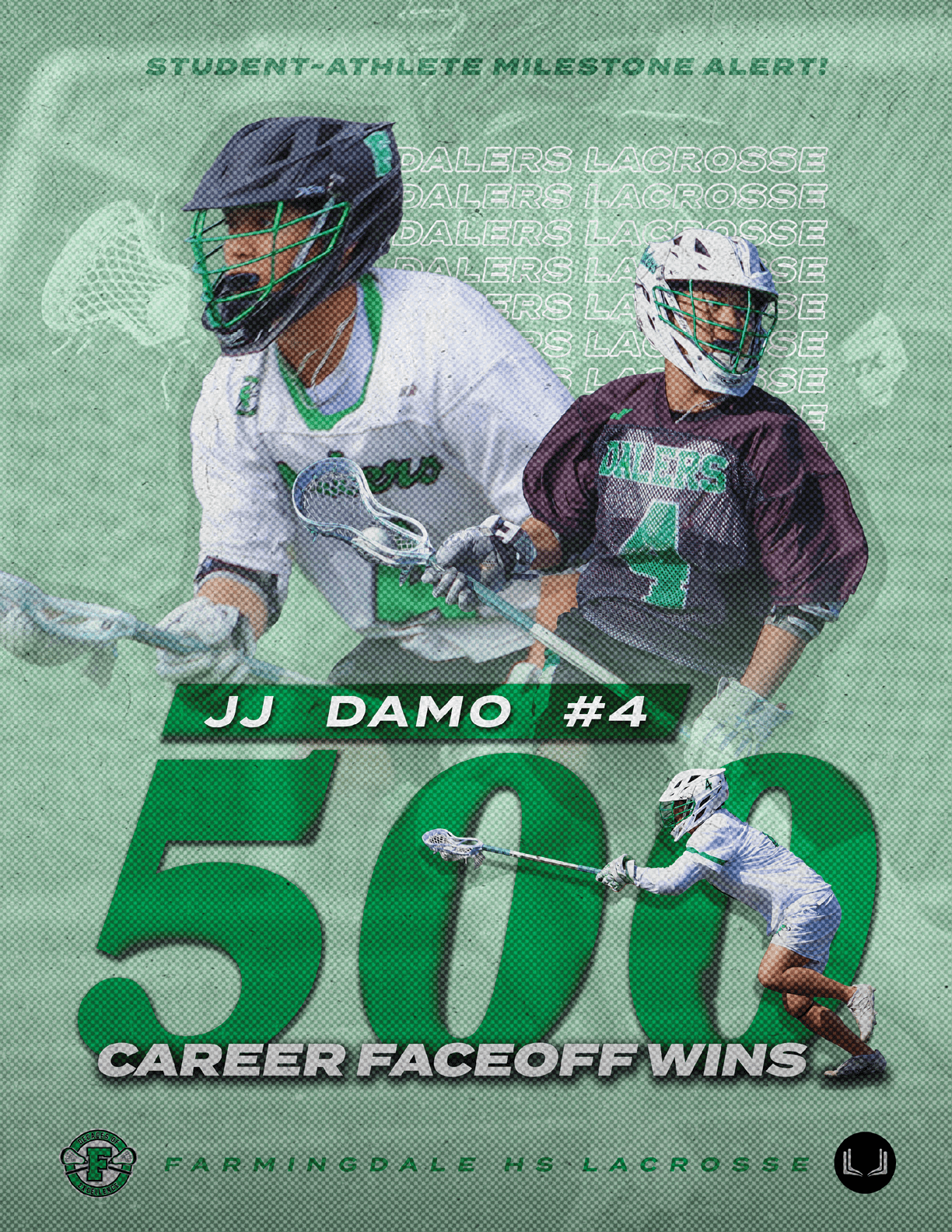 A lacrosse player wearing a green and white uniform with the number 4 on the back of his jersey. AI generated content