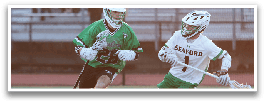Two lacrosse players are running on a field, one wearing a green shirt and the other wearing a white shirt. AI generated content