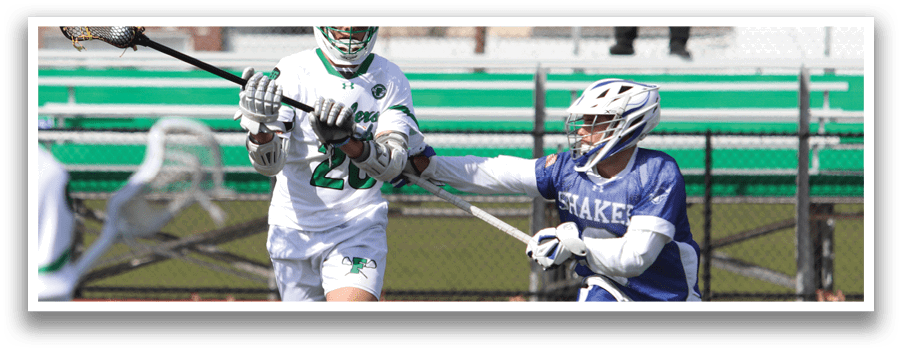 Two men playing lacrosse, one holding a stick and the other trying to get past him. AI generated content