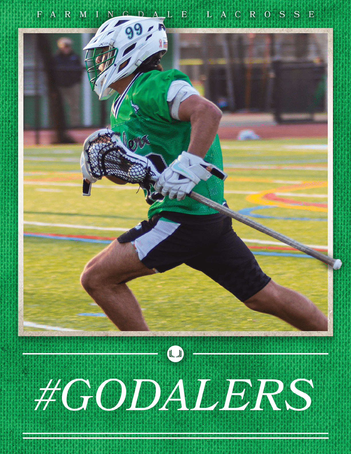 A man wearing a green jersey is running with a lacrosse stick. AI generated content