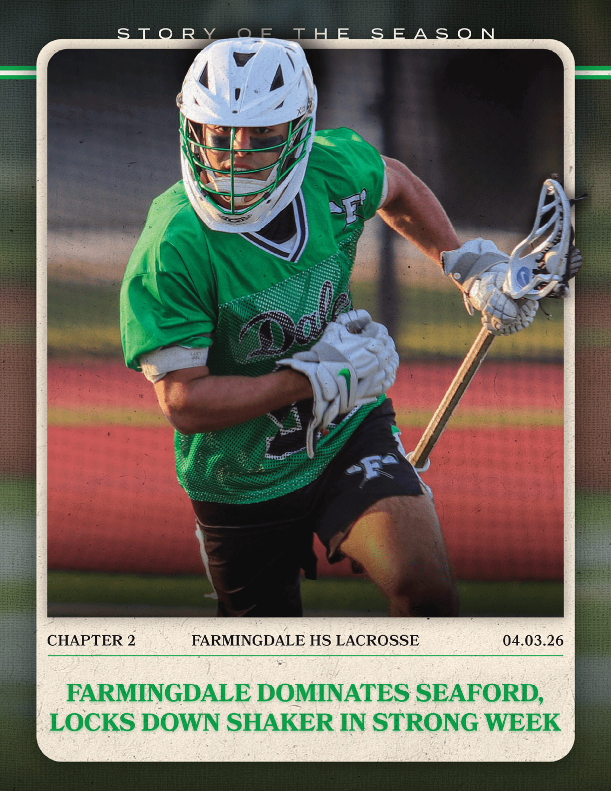 A man wearing a green jersey and white helmet holding a lacrosse stick. Description generated by AI