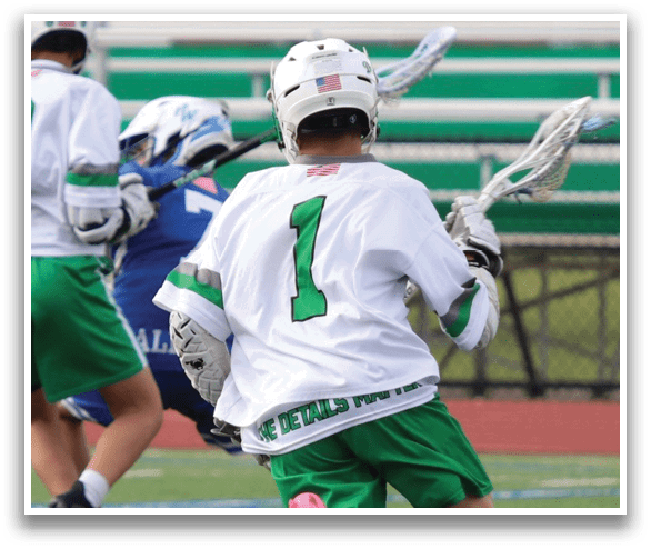 Two boys playing lacrosse on a field. One boy is running with a stick, while the other is holding a stick and wearing a helmet. AI generated content