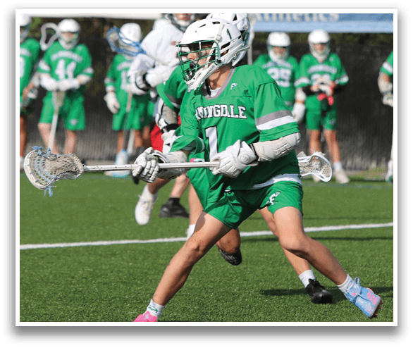 A lacrosse player in a green uniform is running with a stick in his hand. AI generated content
