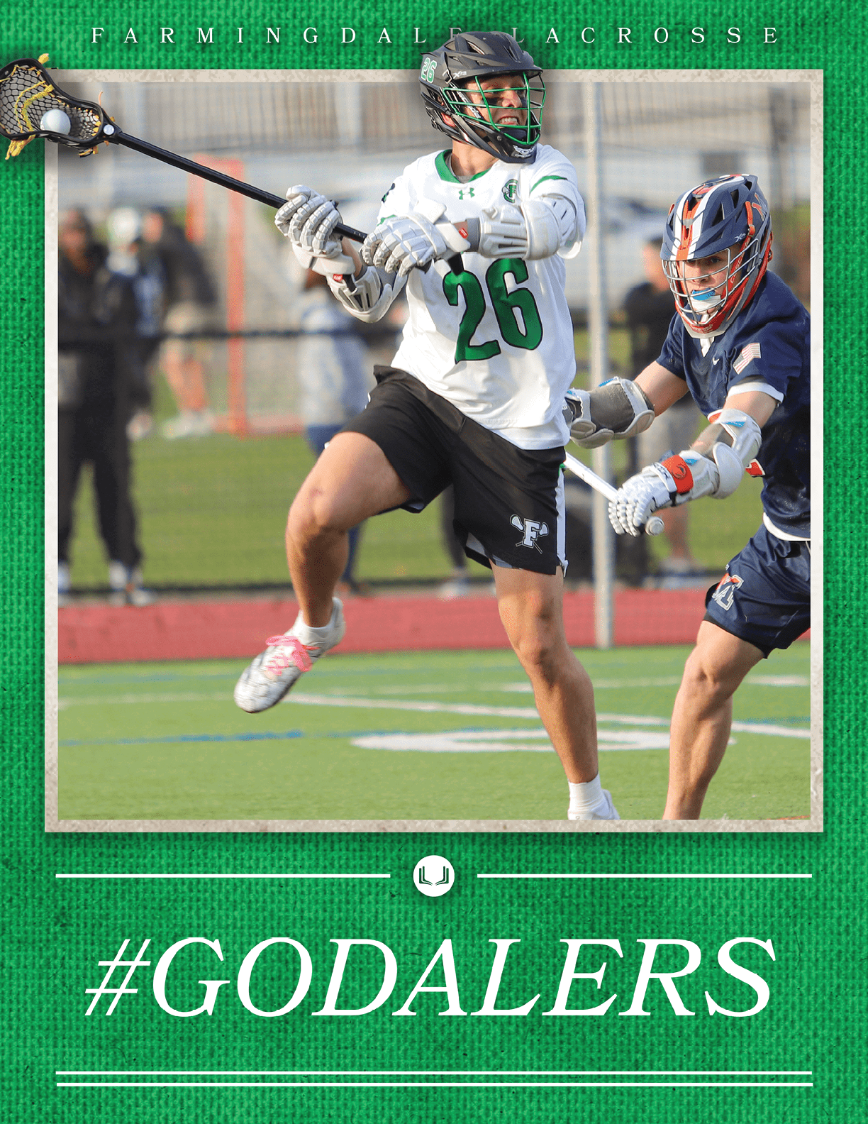 A man wearing a green and white jersey is holding a lacrosse stick. Description generated by AI