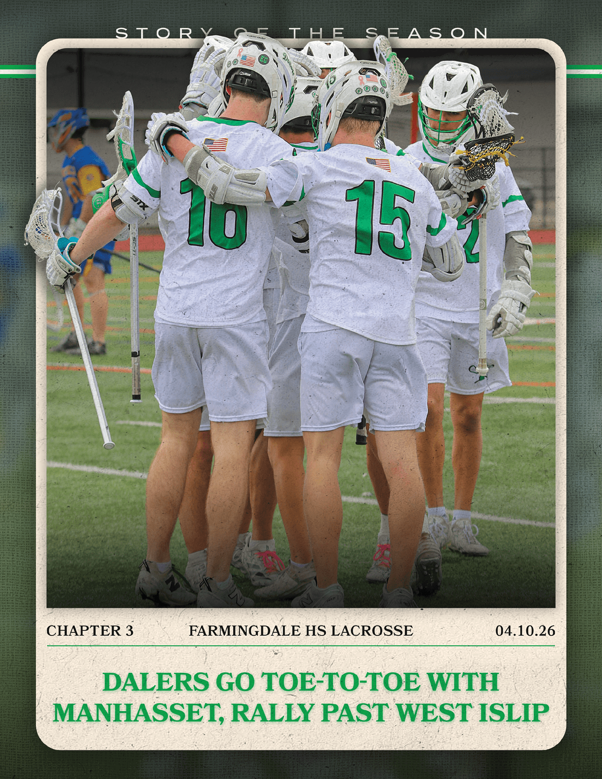 A group of lacrosse players huddled together. Description generated by AI