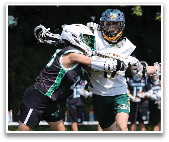 Two men playing lacrosse on a field, one with a white helmet and the other with a black helmet. AI generated content