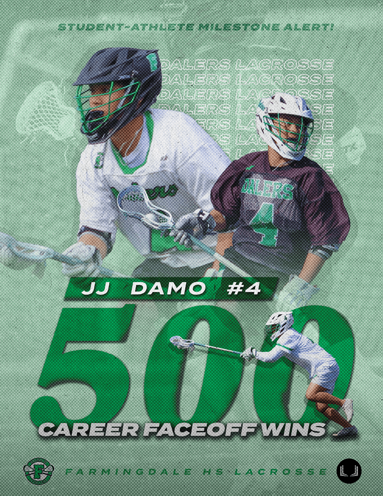 A green and white poster with a man holding a lacrosse stick. Description generated by AI