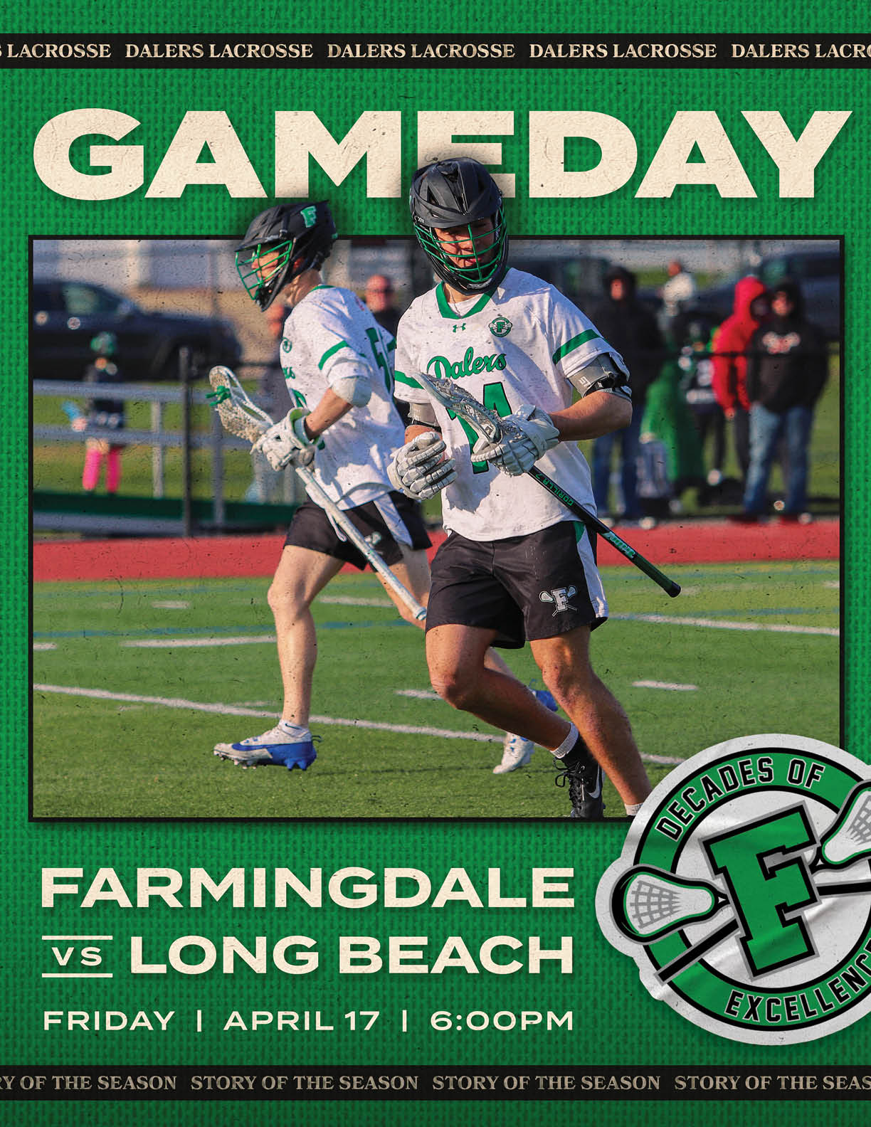 A flyer for a lacrosse game between Farmingdale and Long Beach. Description generated by AI
