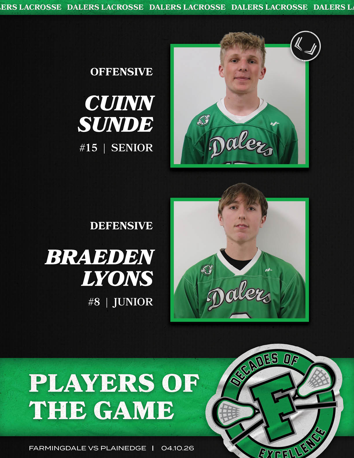 A poster of two lacrosse players. Description generated by AI