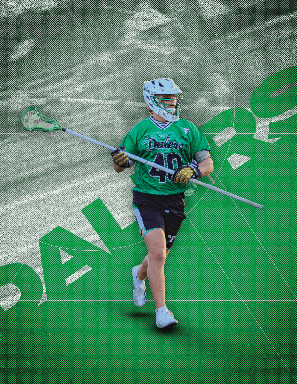 A man in a green jersey holding a lacrosse stick. Description generated by AI