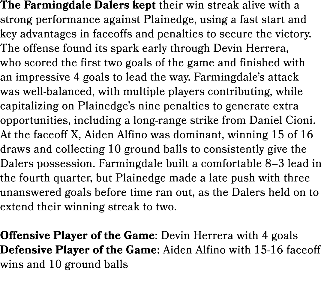 The Farmingdale Dalers kept their win streak alive with a strong performance against Plainedge, using a fast start an...