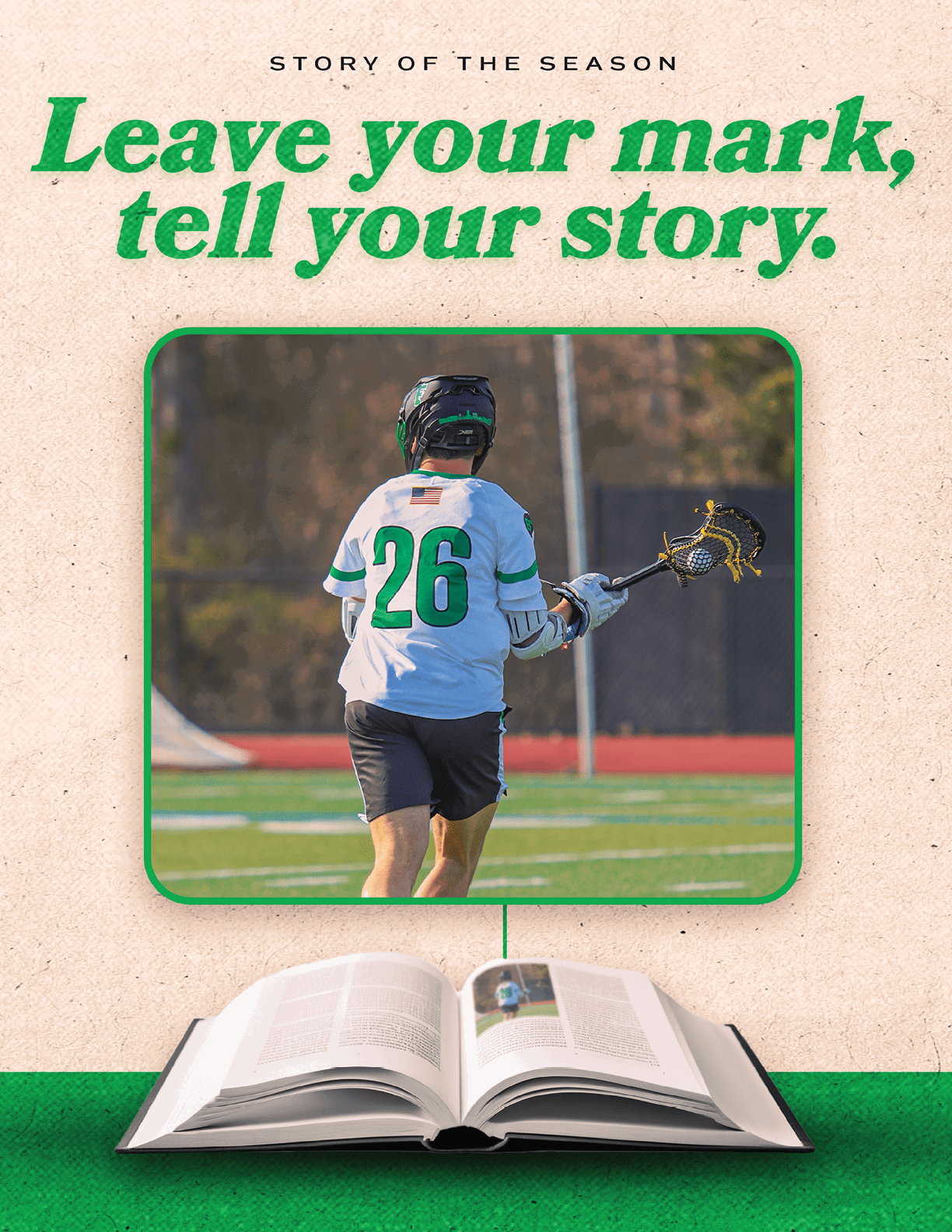 A book with a picture of a lacrosse player on the cover. Description generated by AI