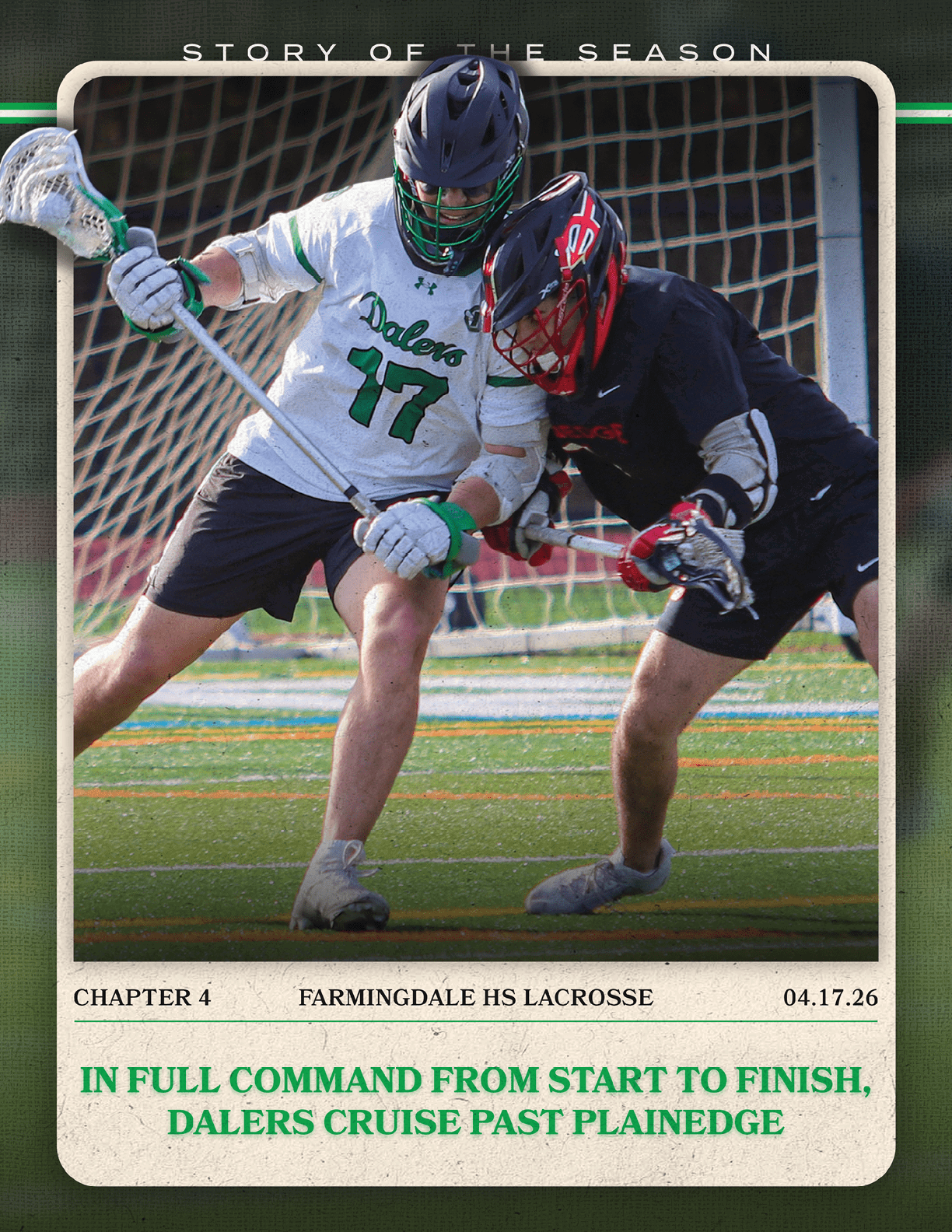 A lacrosse game is being played. Description generated by AI