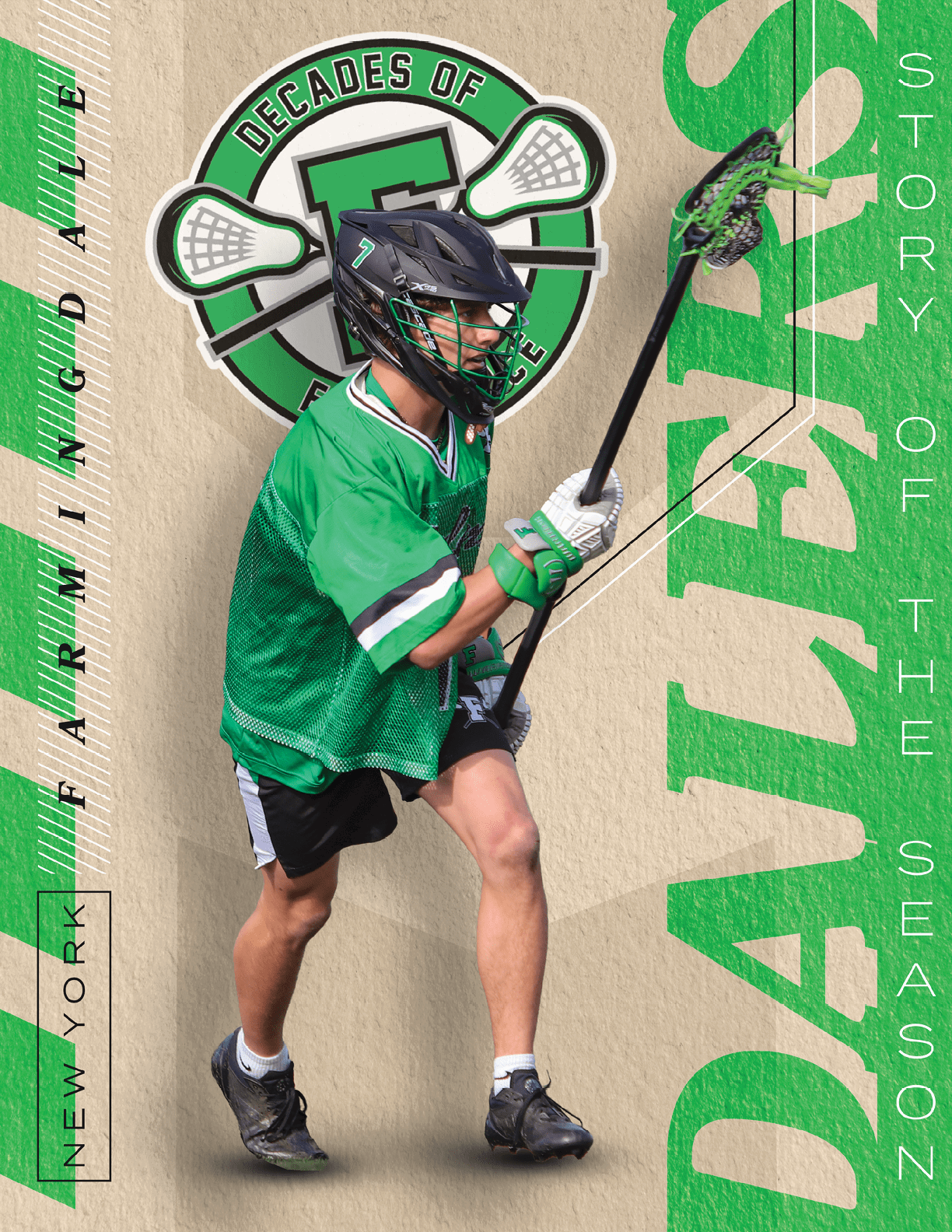 A man in a green shirt and black shorts holding a lacrosse stick. Description generated by AI