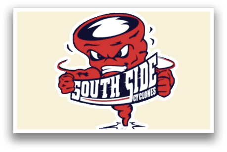 A red and white logo with the words South Side Cyclones. Description generated by AI