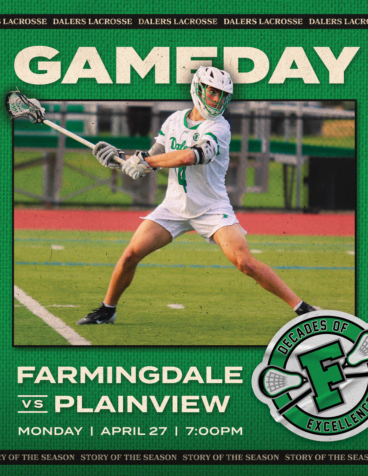A poster advertising a lacrosse game between Farmingdale and Plainedview. Description generated by AI