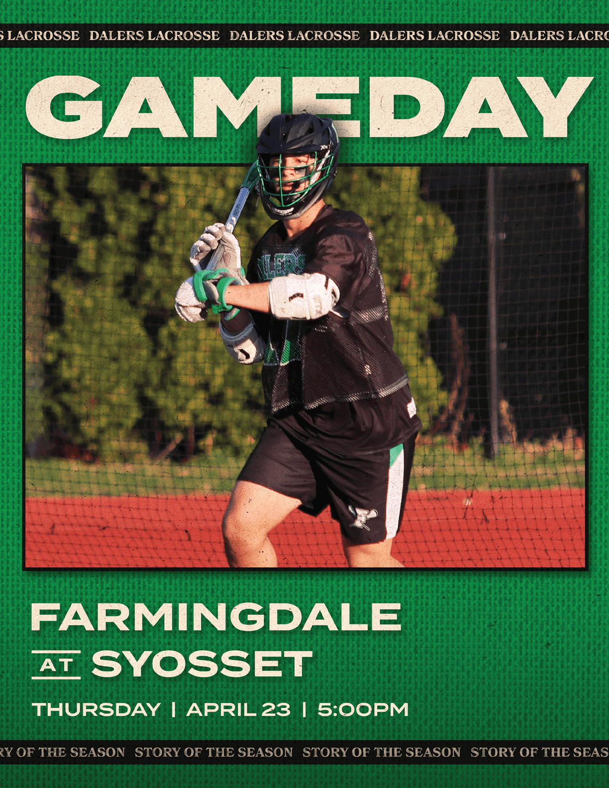 A green and white poster advertising a lacrosse game. Description generated by AI
