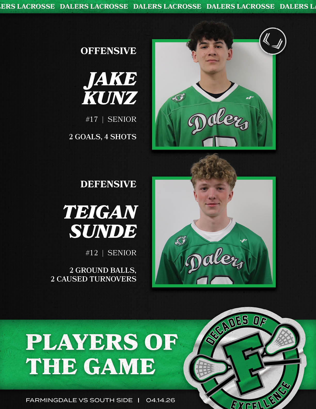 A poster of two lacrosse players. Description generated by AI