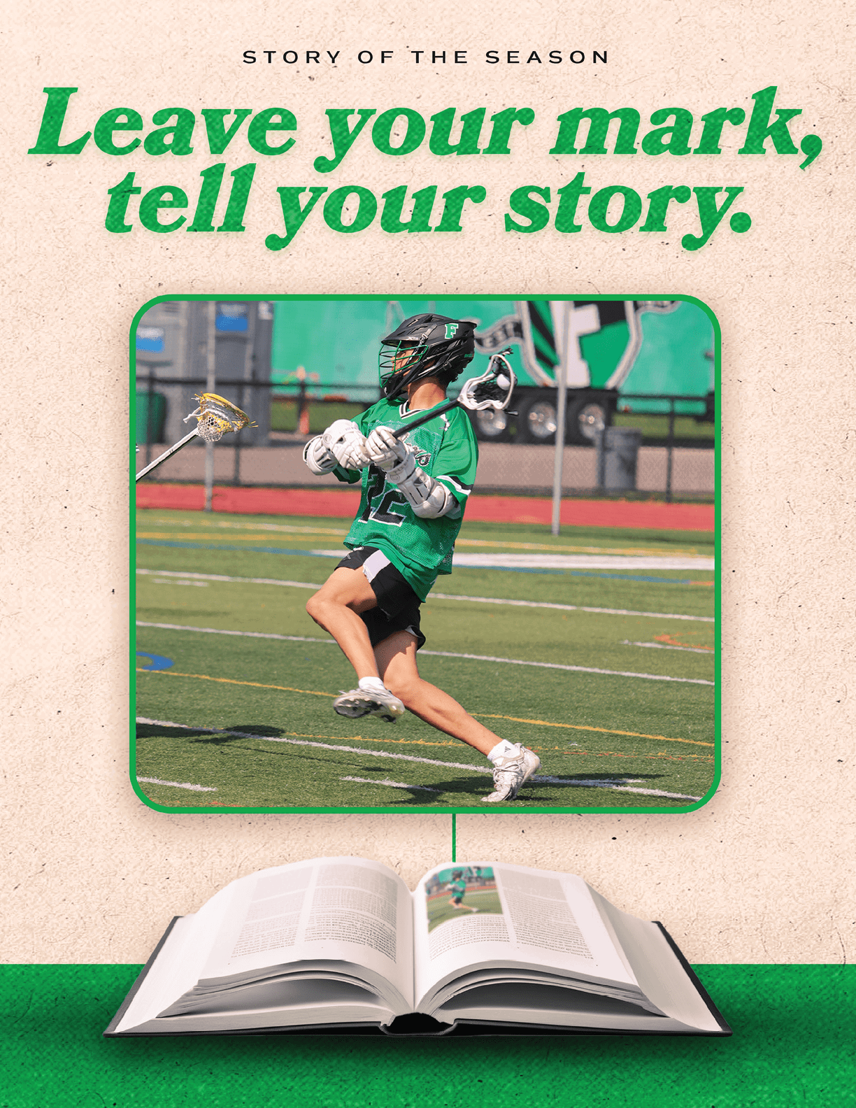 A book with a picture of a man playing lacrosse. Description generated by AI