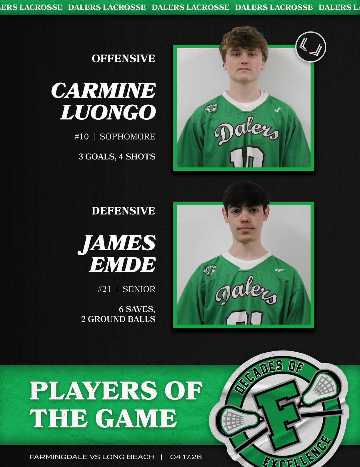 A green and white poster with two photos of young men wearing lacrosse uniforms. Description generated by AI