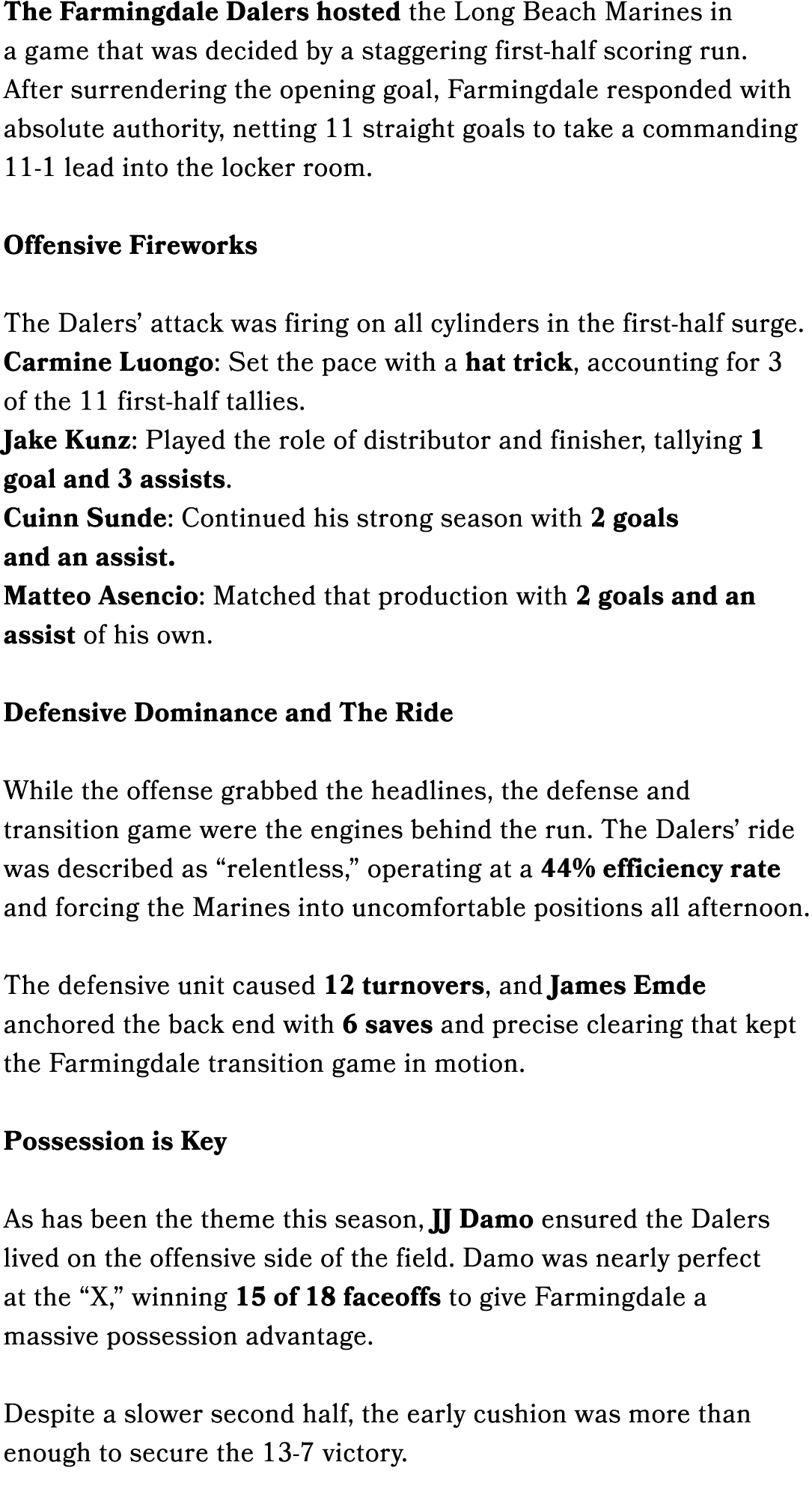 The Farmingdale Dalers hosted the Long Beach Marines in a game that was decided by a staggering first half scoring ru...