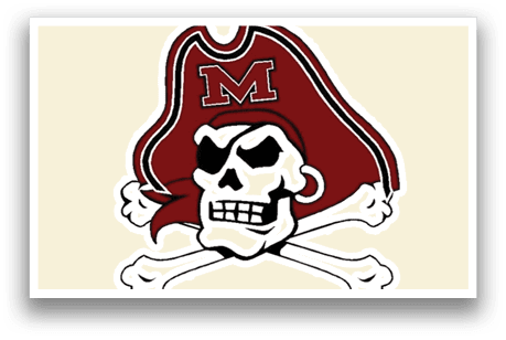 A pirate logo with the letter M on it. Description generated by AI