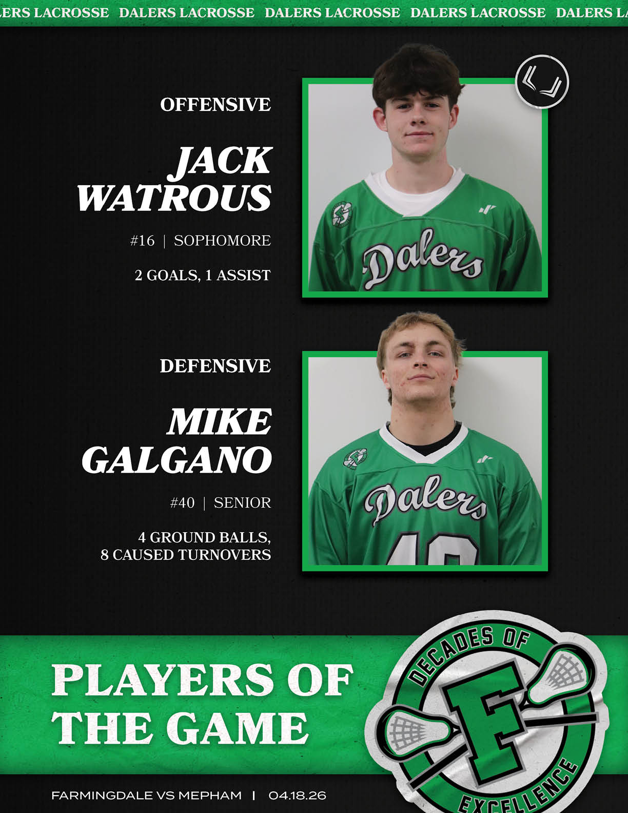 A poster of two lacrosse players. Description generated by AI