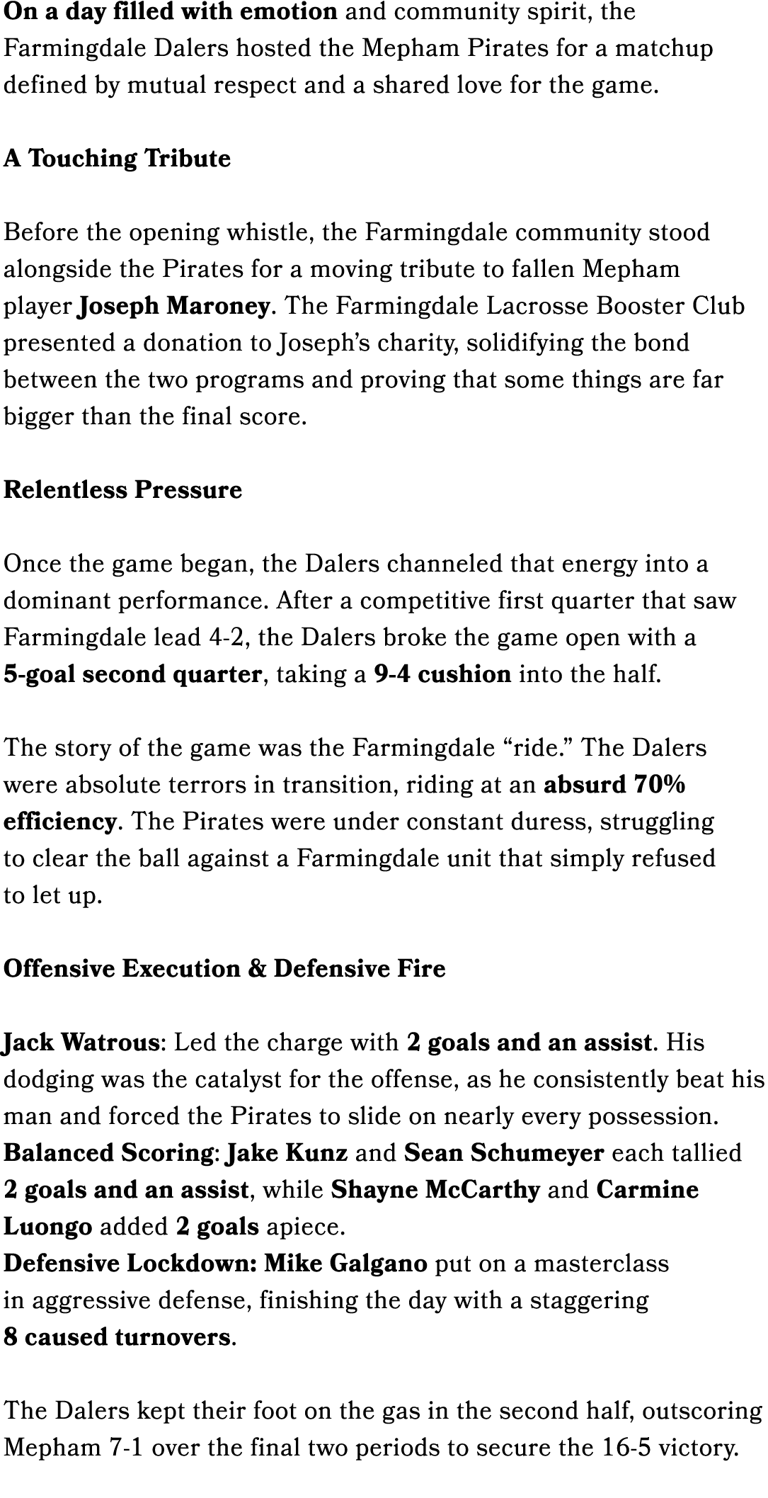 On a day filled with emotion and community spirit, the Farmingdale Dalers hosted the Mepham Pirates for a matchup def...