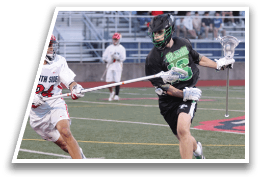 A man in a green shirt is holding a lacrosse stick. Description generated by AI